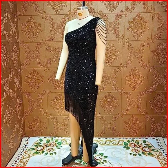 Sequin Mermaid Formal Dress One Shoulder Tassels Polyester Spandex Midi - Picture 5 of 7